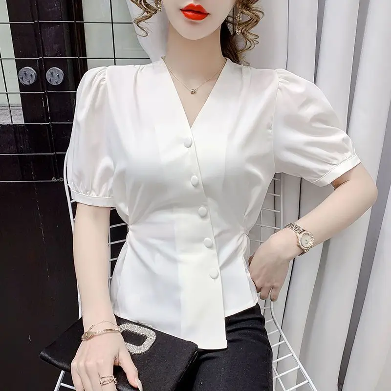 Elegant V-Neck Button Lace Up Bow Irregular Puff Sleeve Shirt Female Clothing 2023 Summer New Casual Tops Asymmetrical Blouse