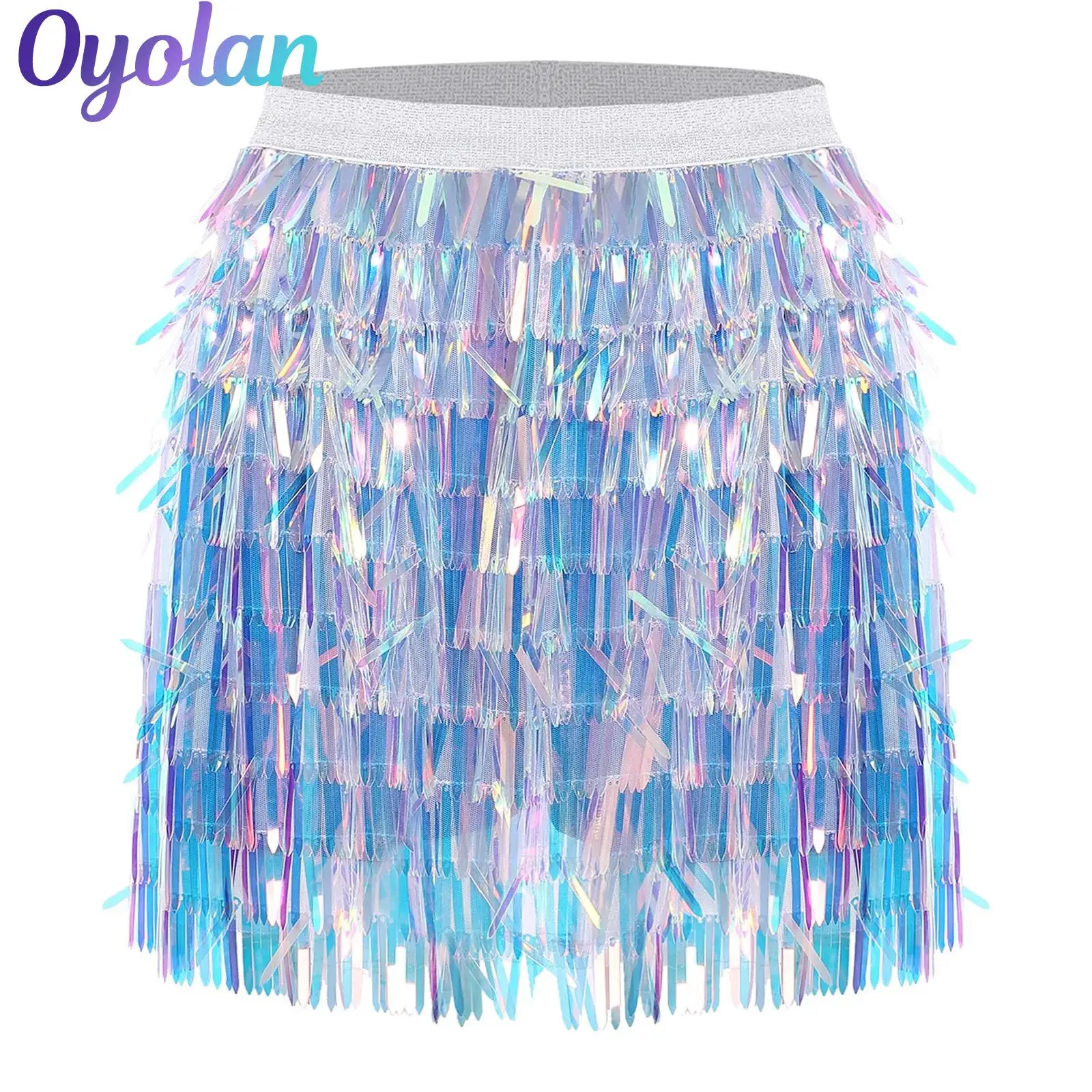 

Womens Cheerleading Dance Glittery Skirt Cheerleader Costume Tiered Sequin Iridescent Effect Elastic Waistband Culottes Shorts