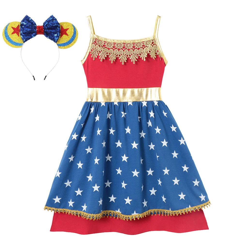 Girl Casual Dresses Printing Independence Day Princess Style Carnival Beach Cotton Dresses +Headband Summer Holiday Dresses 2024