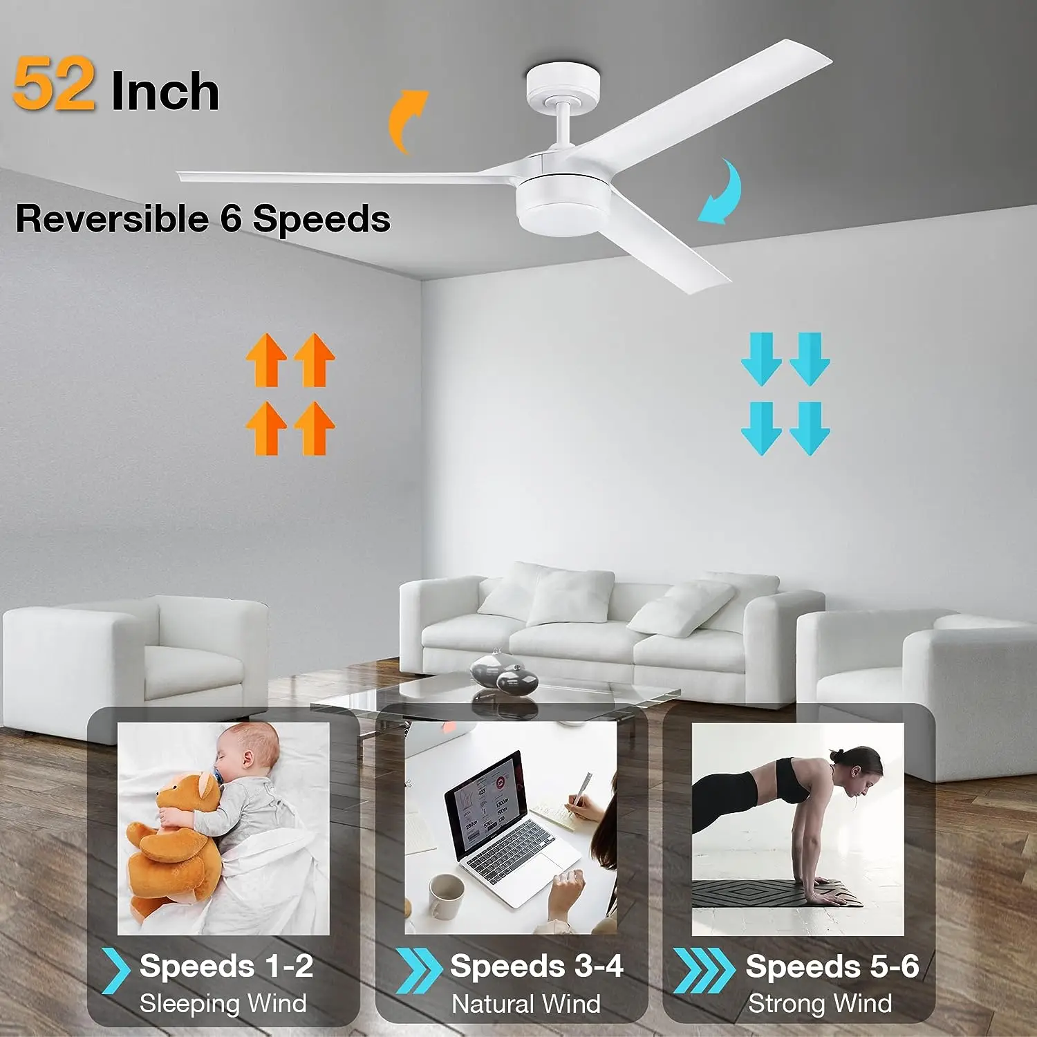 Casa moderna decorativa 52 Polegada ventilador de teto luz 6 velocidade vento ultra silencioso remoto durável metal elétrico disponível branco preto