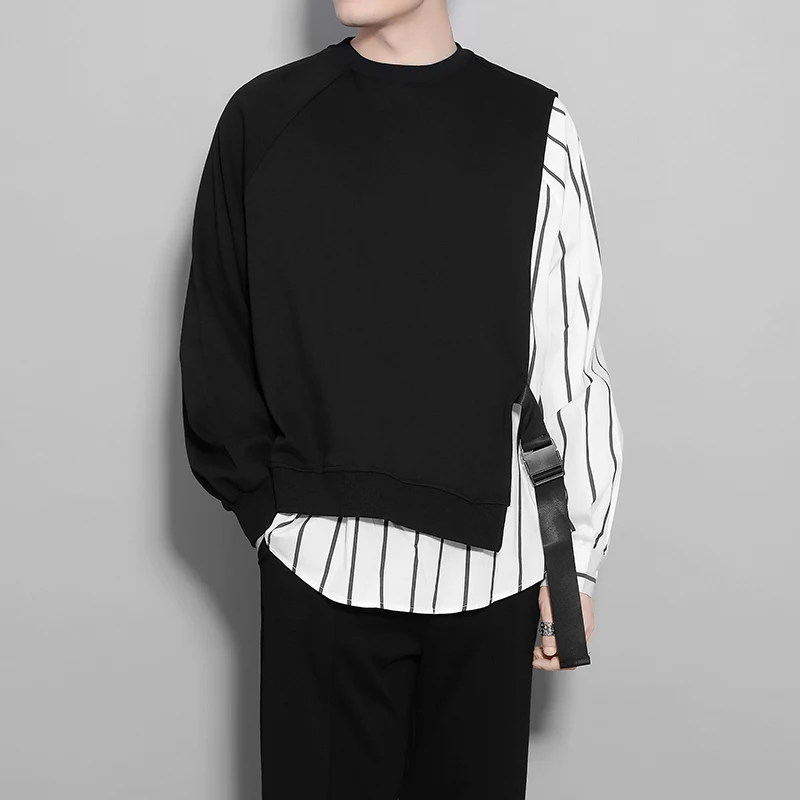

Men's Sweatshirt Original Dark Style Streetwear Black White Striped Fake Two Piece Asymmetric Belt Decor Loose Casual Pullover