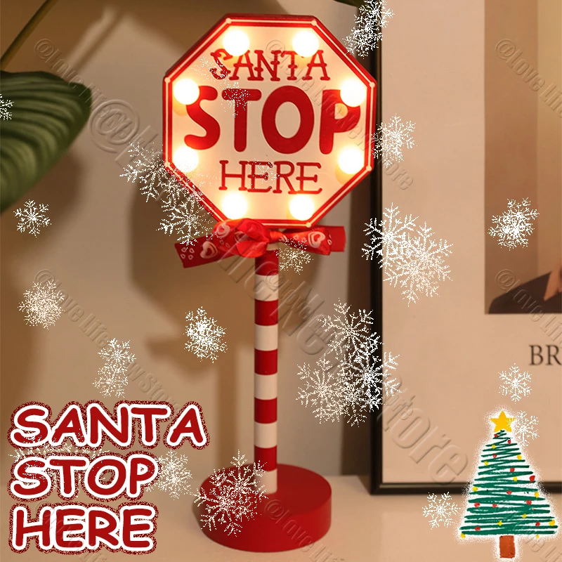 

Christmas Retro Lamp Stop Here Street Sign North Pole Sign Led Light Santa Wooden Desktop Decorations Xmas Decor New Year Party