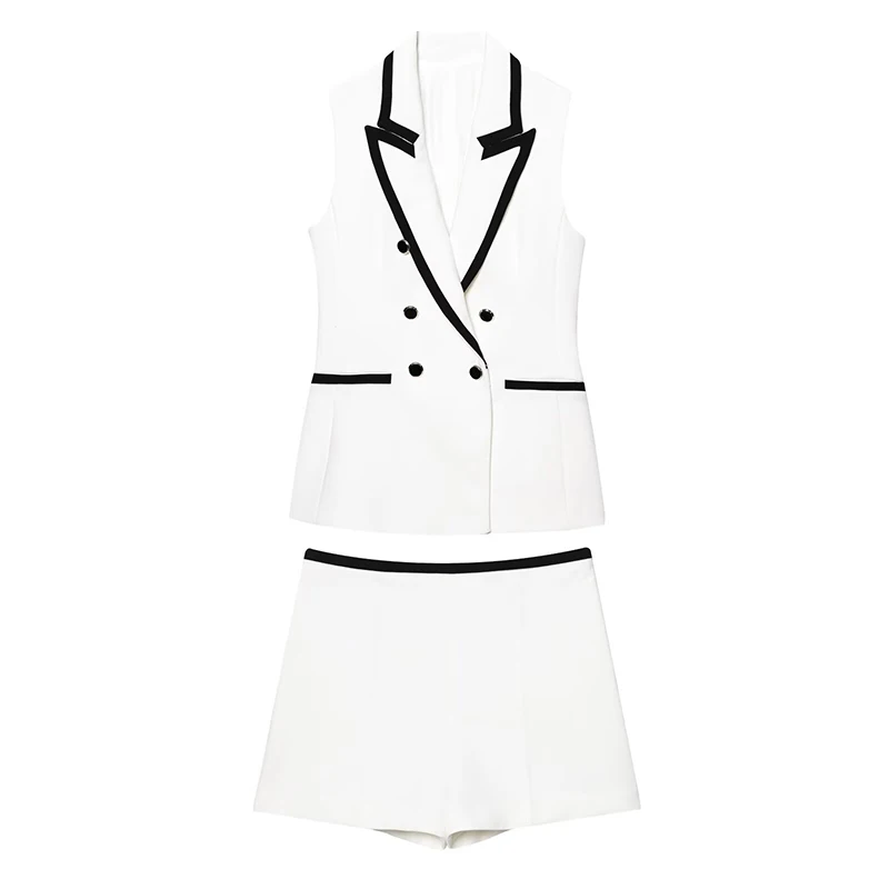 

RAFZNB Mid Waist Casual Shorts Sets for Women 2 Pieces Fashion Turn-down Collar Sleeveless Vests Two Piece Set Women Outfits