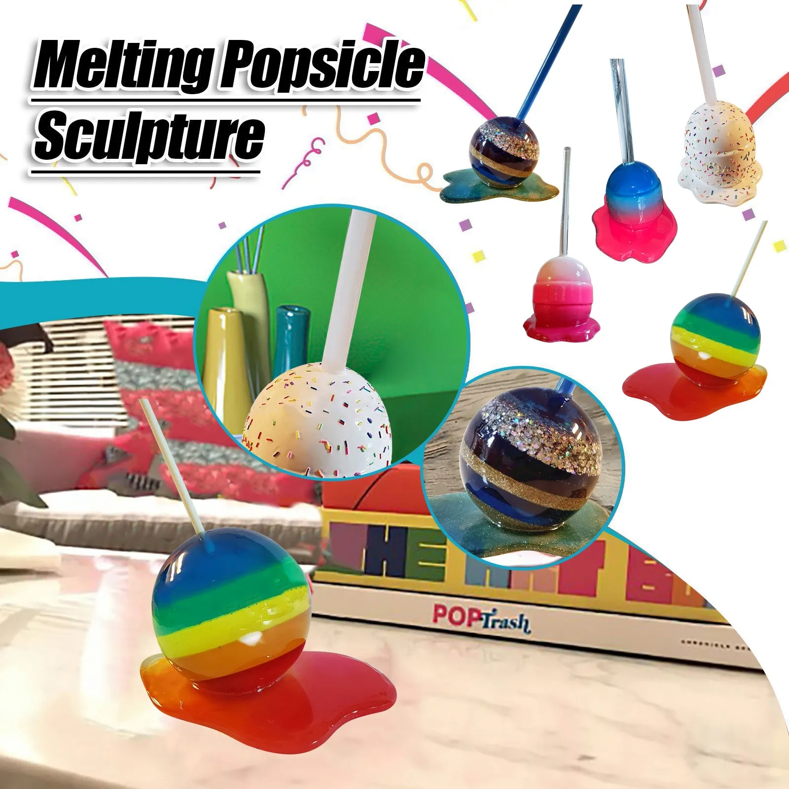 Melting Ice Cream Model Ornament Realistic Artificial Lollipop Resin Decoration Crafts Popsicle Resin Statue For Home Decoration