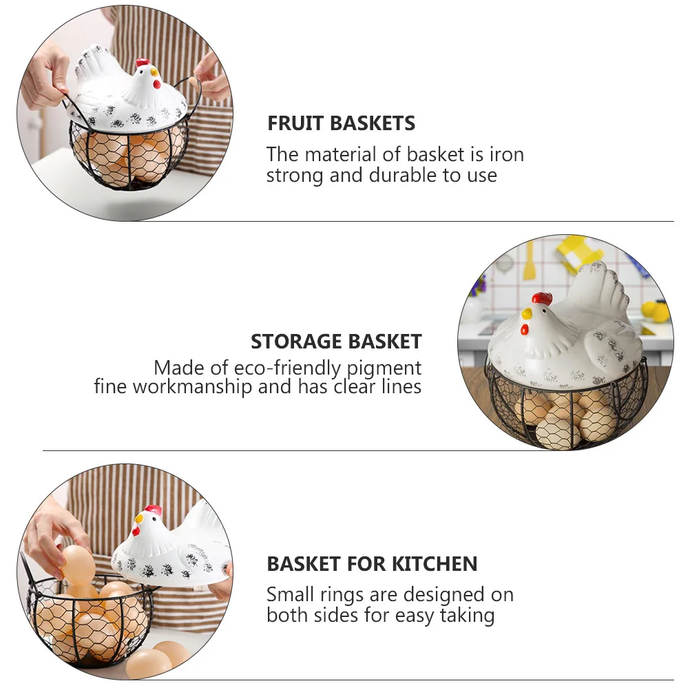 

1Pcs Egg Basket Hen Lid Ceramic Iron Storage Basket Kitchen Fruit Snack Organizer Fruit Baskets Restaurant Decoration