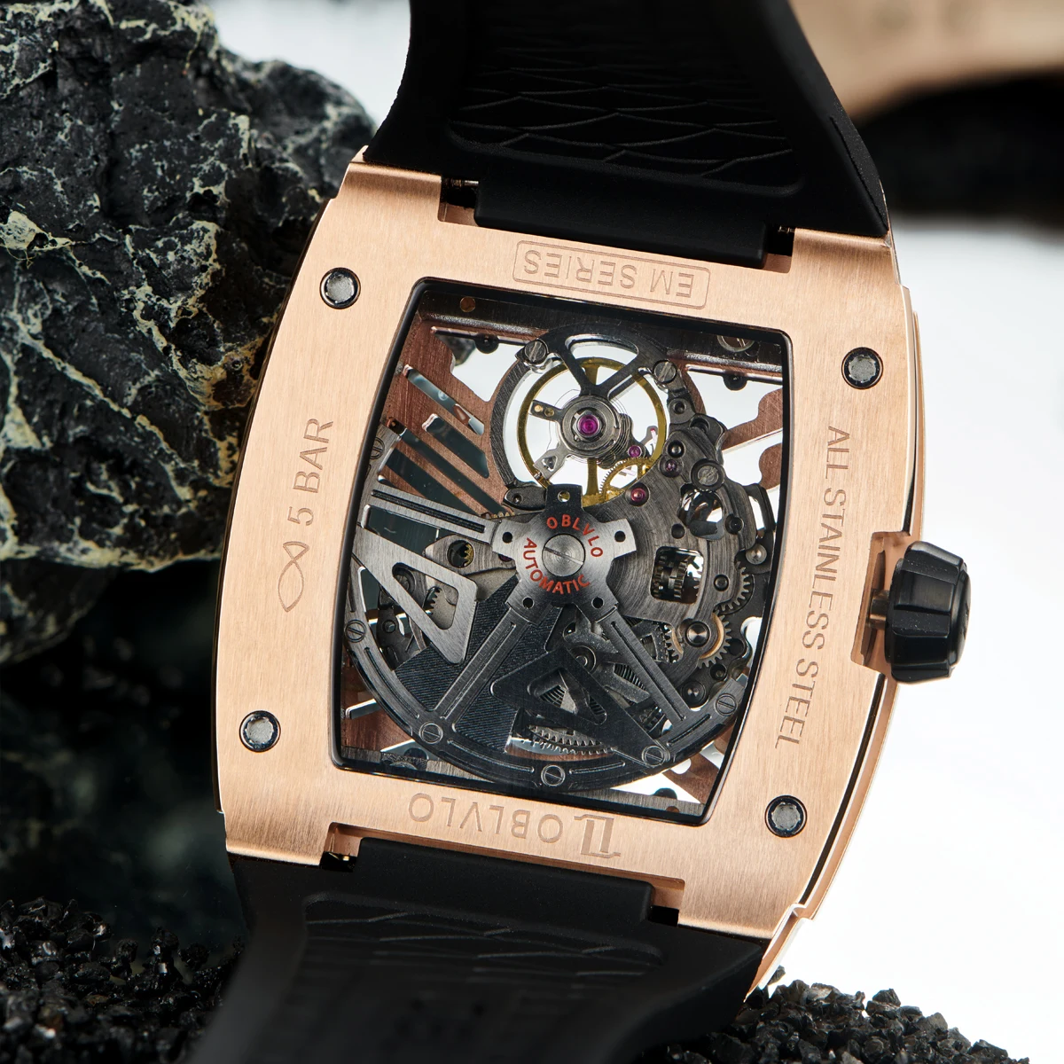 OBLVLO Mens Automatic Watches 44mm Luxury Mechanical Wristwatch Fashion Waterproof Tonneau Skeleton Dial Sapphire  Rubber Strap