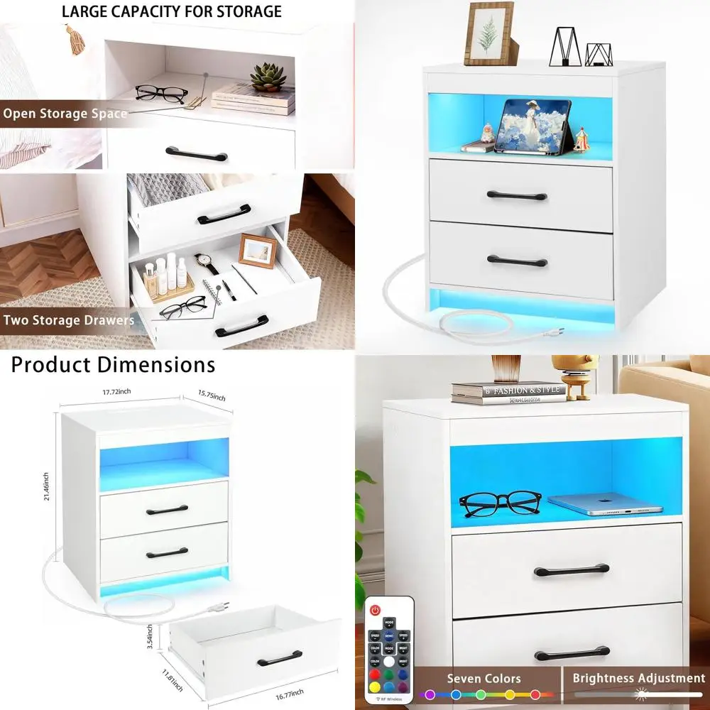 

Современная светодиодная тумбочка с зарядными портами, двумя ящиками и окружающим освещением — белый приставной столик для спальни