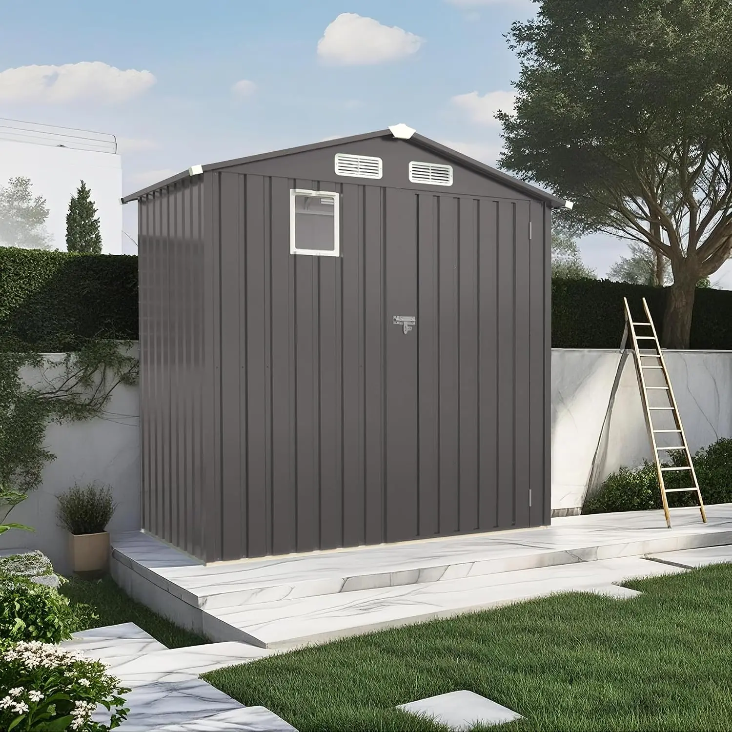 6X3.5FT Metal Storage Shed: Compact Outdoor Tool Room with Lockable Door & Window - Galvanized Steel Garden Shed for Small Studio Tools & Equipment Storage (Gray)
