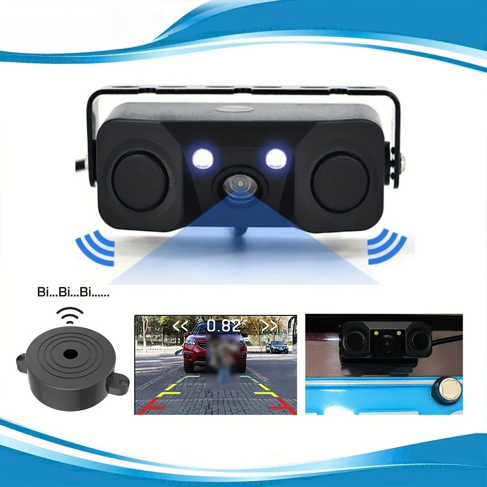 Car Rear View Backup Camera with Reversing Parking Sensor 3in 1 Buzzer Alarm Night Vision License Plate Lights Distance Control