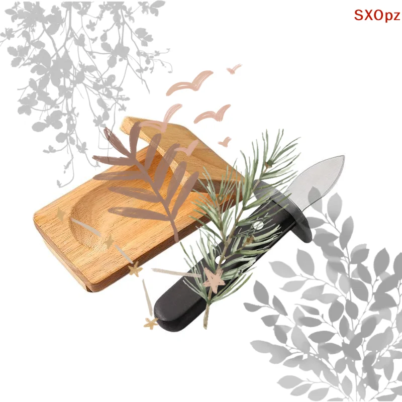 Stainless Steel Oyster Shucking Knife: Non Slip Handle Wooden Holding Base Home Kitchen Seafood Restaurant