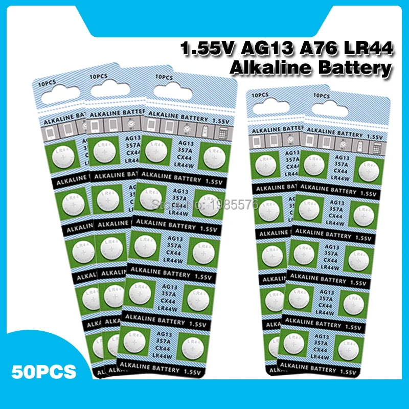 50pcs Alkaline Cell Coin Battery 1.55V AG13 LR44 Button Batteries LR1154 SR44 A76 357A 303 357 AG 13 For Watch Toys