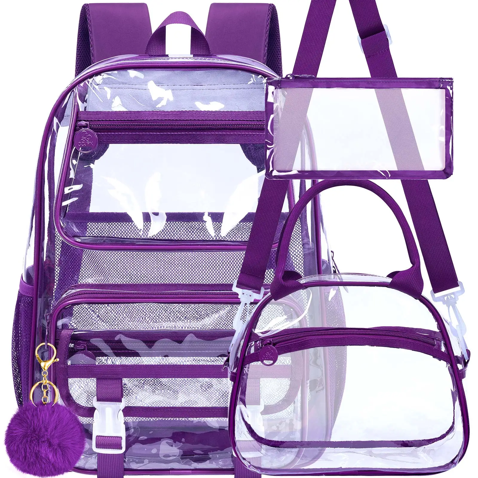 3pcs-kid's-backpack-for-girls-solid-purple-clear-school-set-zipper-closure-simple-backpack-with-handbag-and-pen-pouch-for-scho
