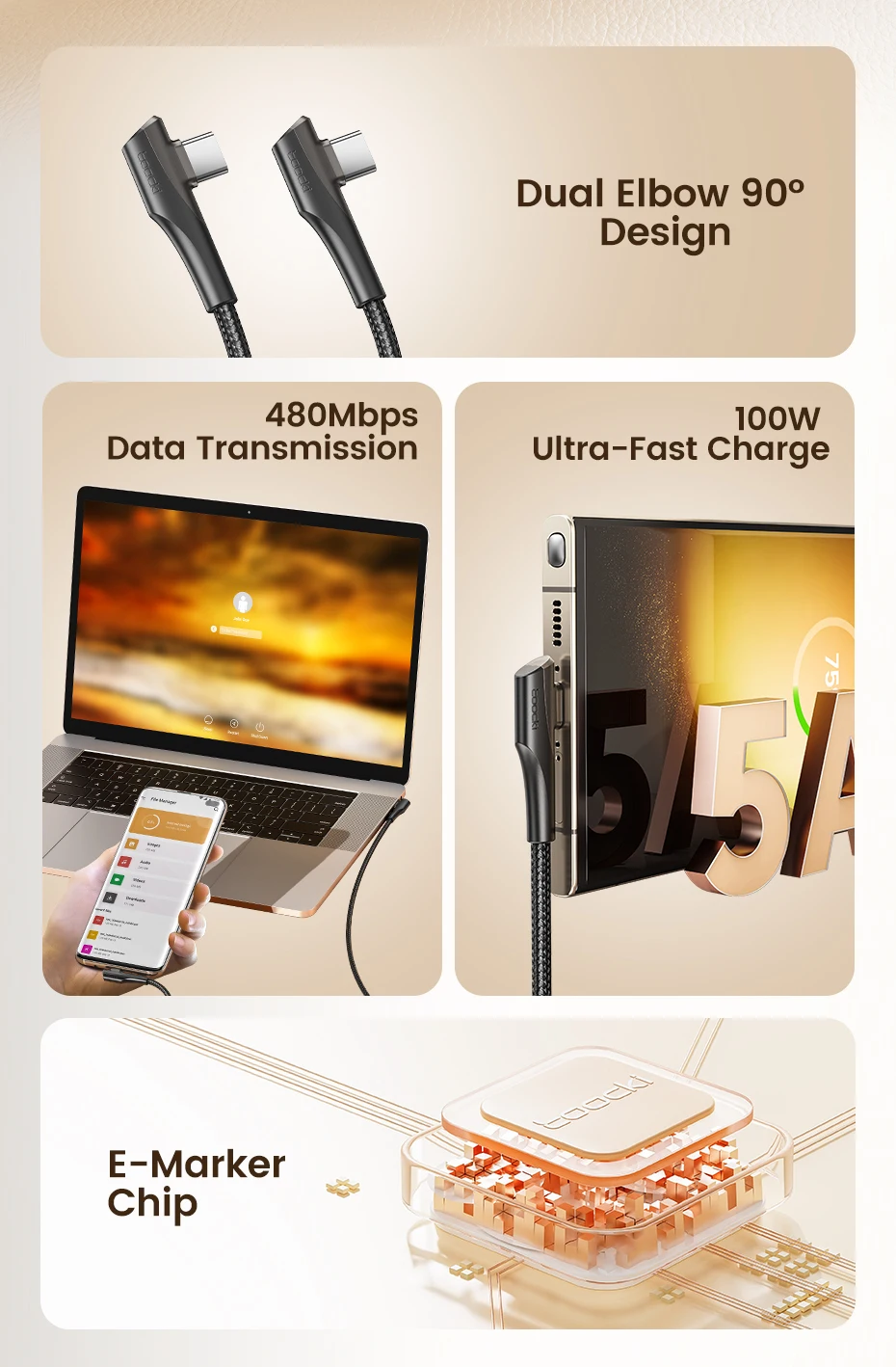 Toocki USB Type C to USB C Cable 90 Degree Angle QC4.0 PD4.0 PD 100W Fast Charging for Macbook iPhone 18 Samsung Xiaomi Huawei