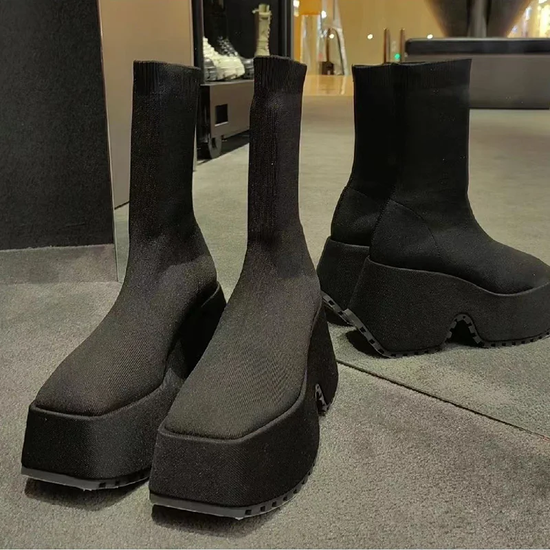 Botas Chelsea de tacón superalto para mujer, zapatos gruesos de plataforma, Sexy, color negro, 2023