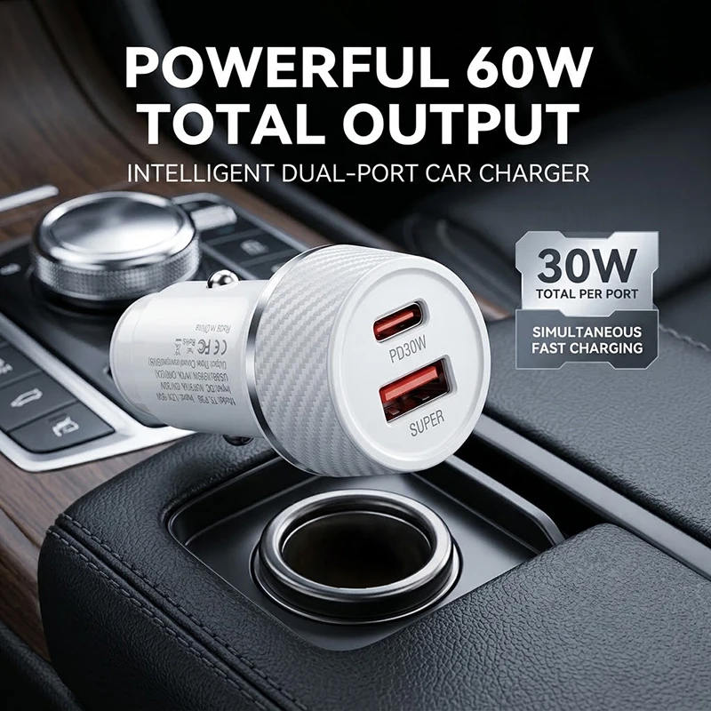 Dual Port Car Charger Woven Pattern 60W Total PD30W Type C Fast Charging Adapter Universal Power For iPhone Samsung Tablet Use