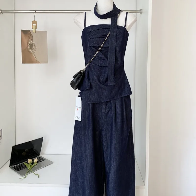 2025 Vest Jeans Set For Women Sleveless Tube Tops High Waist Pocket Denim Pants Suit Female 2025 Spring Summer Lady Bodysuit