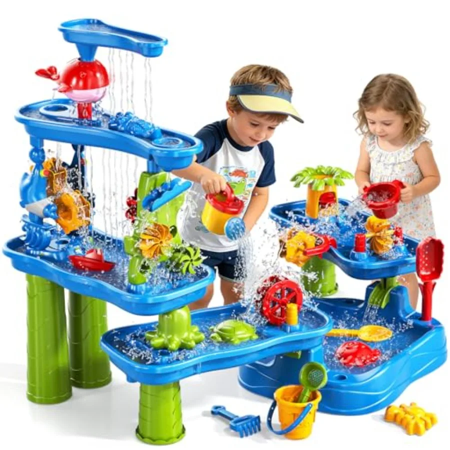 

5-уровневый уличный стол для игр с песком и водой для малышей от 18 месяцев, набор для активных игр в синих и желтых тонах с летними пляжными игрушками для двора