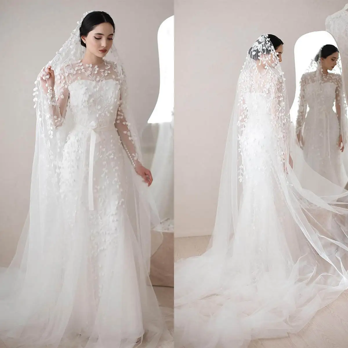 

Elegant A Line Wedding Dress With Veils Appliques O Neck Long Sleeve Bride Gowns Lace Sweep Train Bridal Dresses