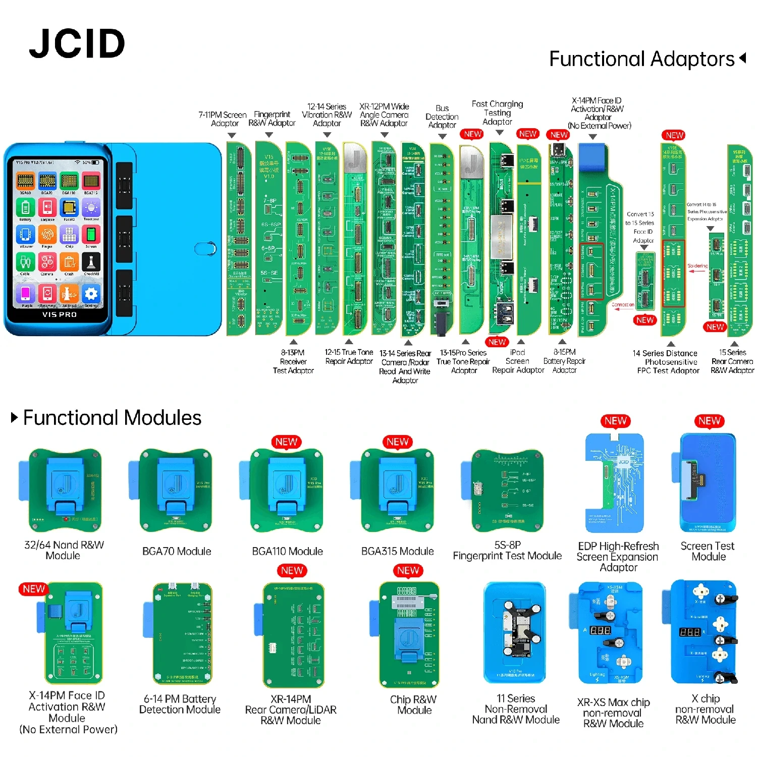 JCID V1S Pro JC V1SE Wifi programmeur batterie/True Tone/caméra arrière/Face ID adaptateurs de réparation pour iPhone 11 12 13 14 15 16ProMax