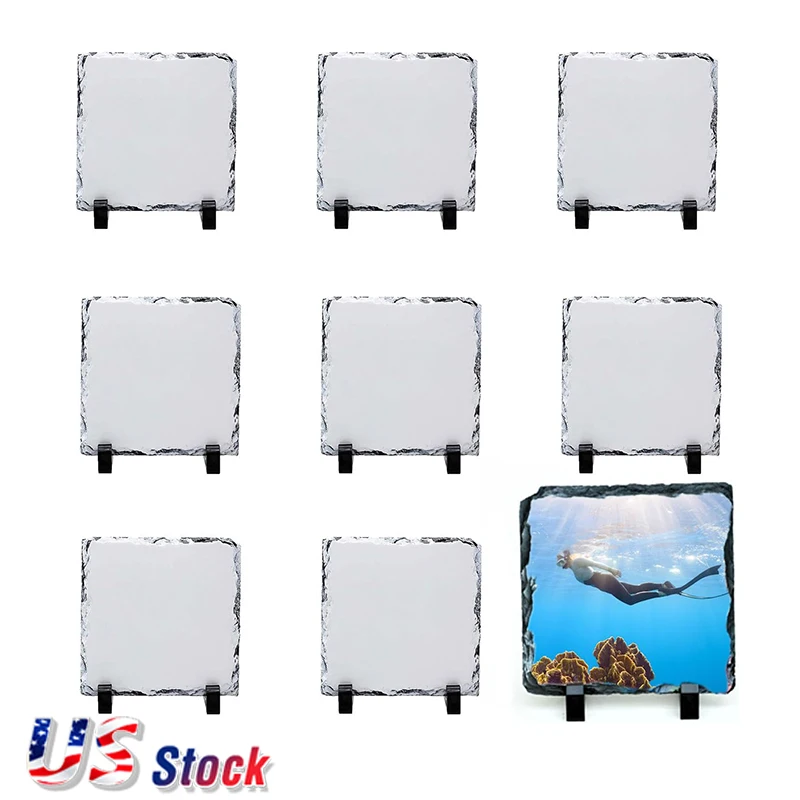 

US Stock 20pcs 7.87in x 7.87in Square Sublimation Blanks Photo Slate Rock Plaque with Stand For Desktop Souvenir DIY Custom Gift