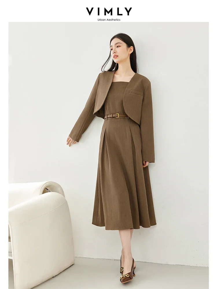 

Vimly Coffee Elegant Blazer Suit Cropped Jacket A-line Pleated Midi Dress 2023 Autumn Winter New Office Lady Matching Sets M3967