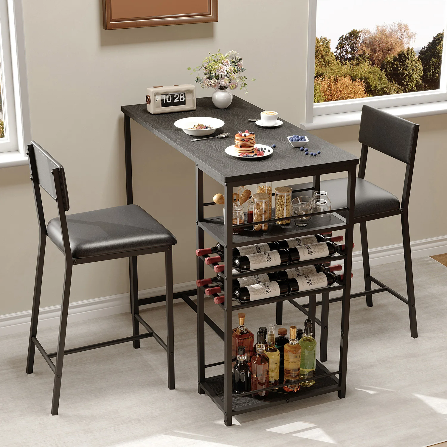 Modernes industrielles 3-teiliges Esstisch-Set für 2 Personen – gepolsterte PU-Stühle – offene Aufbewahrungsregale mit 4 Ebenen – integriertes Weinregal und Getränkehalter – ideal für kleine Küchen,