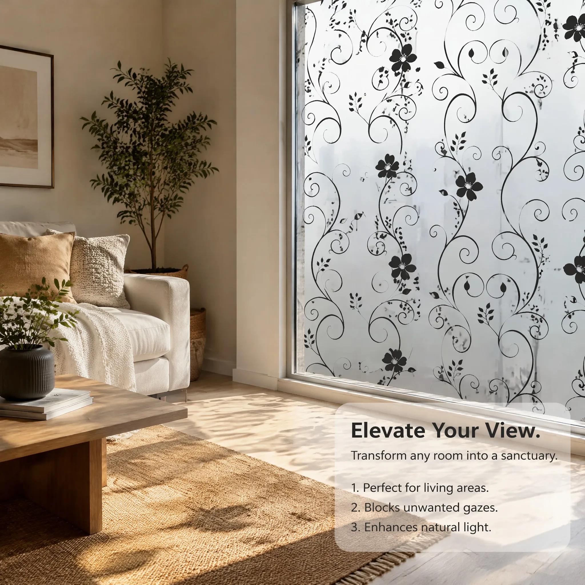 Elegant Retro Curly Vine Flower Privacy Window Film Built-in Adhesive Soft Light Filter Cuttable PVC for Vintage Modern Home
