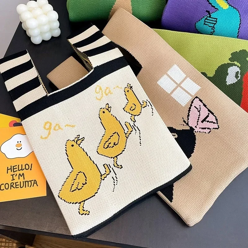 Bolsa de pulso de malha artesanal para mulheres, mini bolsa listrada, sacos de telefone balde, grande capacidade, bolsas portáteis, outono e inverno