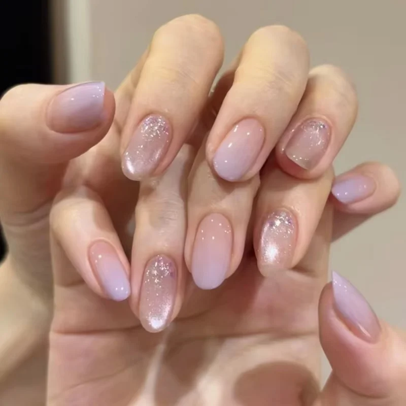 24Pcs Gradient Purple Tips Nails Short Oval Cat's Eye Press on Fake Nails Art Simple Finished Round Head Shiny Powder False Nail