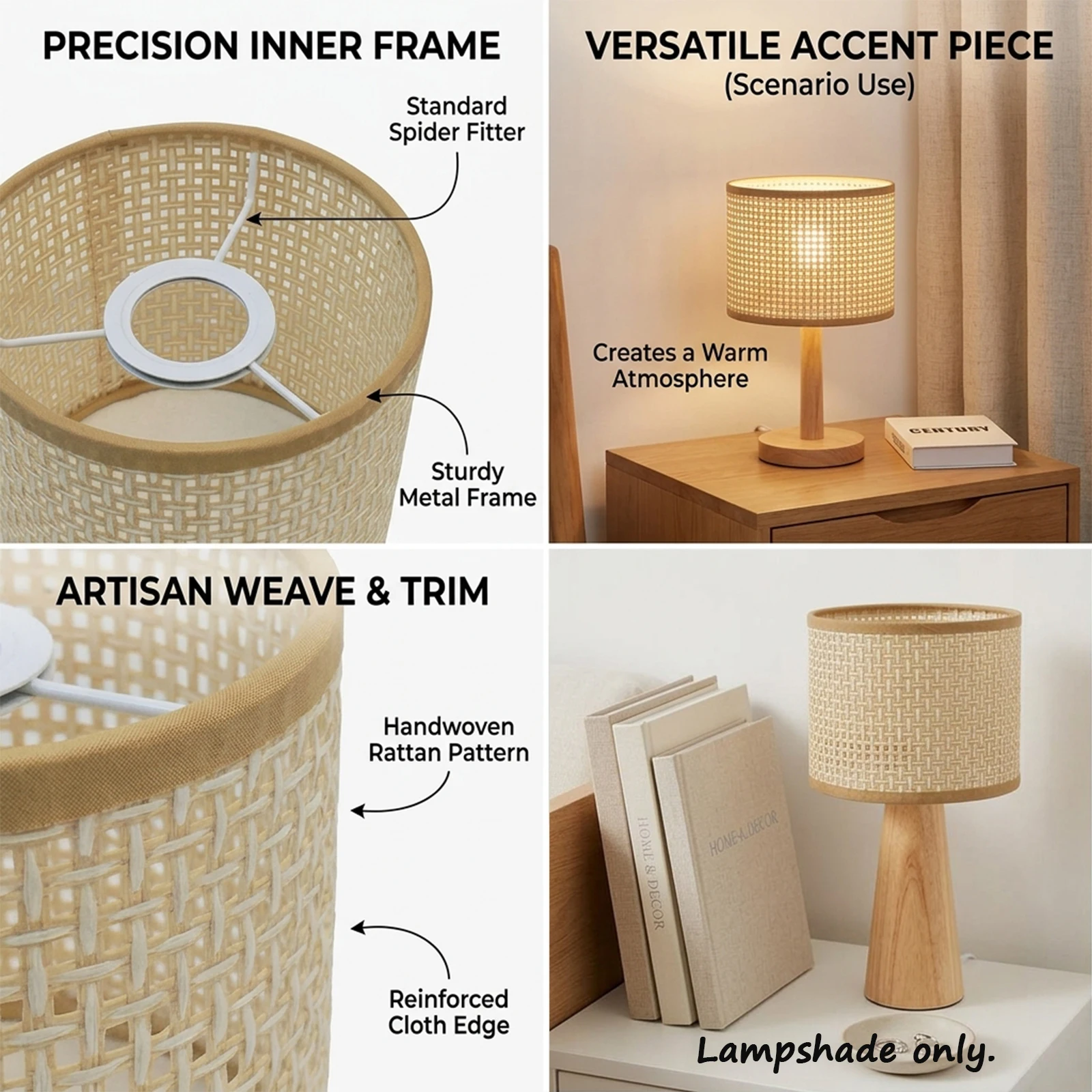 Handwoven Rattan Lampshade Checkered Pattern Openwork Shade for Pendant Wall Table Lamp Nordic Home Decor
