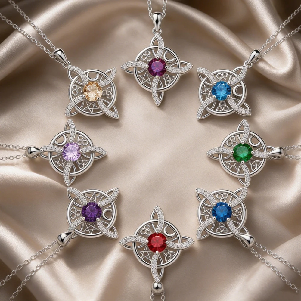 Mystical Birthstone Witche Knot Necklace Natural Crystal Star Moon Knot Necklace Triskelion Pentacle Amulet Pagan Wiccan Jewelry
