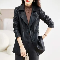 Elegant Womens Leather Jacket 2023 Mid-length Waisted Leather Jackets for Women Double-breasted Black Coats Suit Collar Abrigos