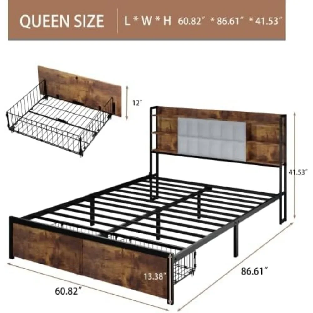 New bed frame with LED-lit velvet headboard and 2 USB charging cradles and storage drawers, smart upholstered metal bed frame