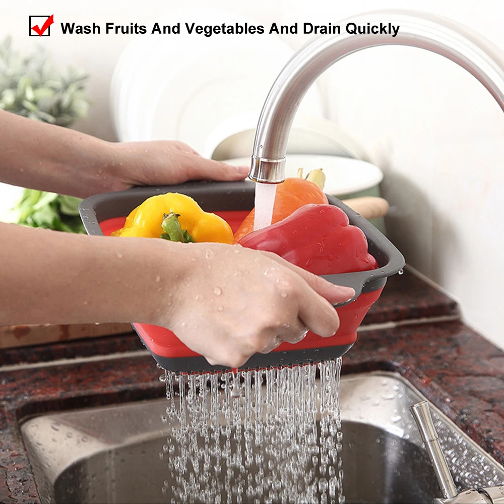 1Pc 2in1 Silicone Folding Drain Fruit Vegetable Washing Basket Foldable Strainer Collapsible Drainer Kitchen Storage Tool Dish