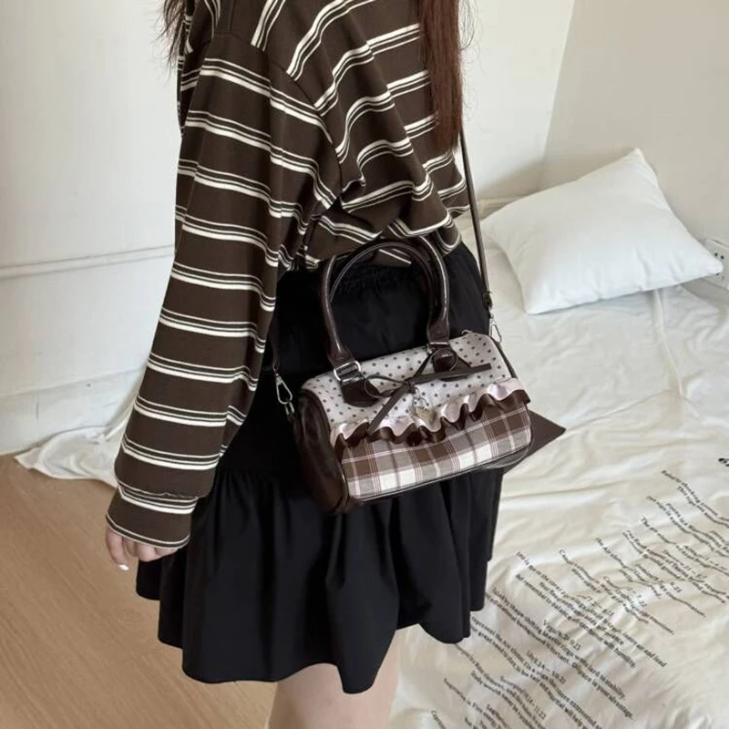 Koreanische Bogen Polka Dot Tasche Mode Bowler Tasche Farbe-blockiert Spitze Y2k Stil Handtasche Retro Süße Plaid Crossbody Zipper schulter Tasche – Detail 4