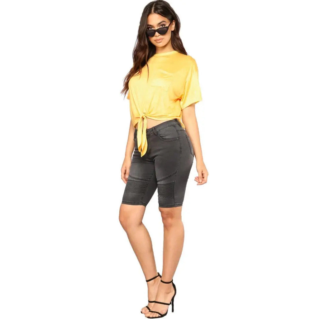 Women's High Waist Classic Blue Denim Jeans Mid-Length Stretch Motorcycle Pants European And American Style