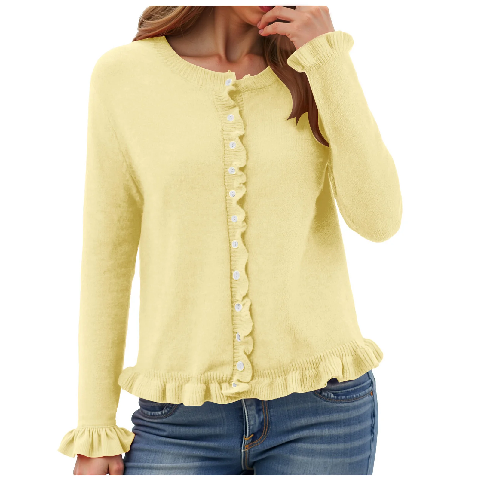 Suéter informal con volantes para mujer, Top con botones, cuello redondo, cárdigan de punto de manga larga con volantes, suéter recortado, Tops bonitos color topo