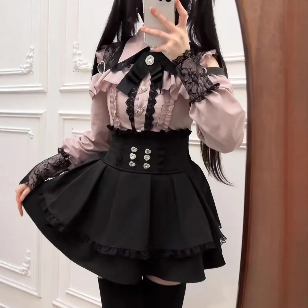 Women's Matching Japanese Style Off Shoulder Short Sleeve Mini Dress Woven High Waist Casual Lolita Jirai Kei 2-Piece Set