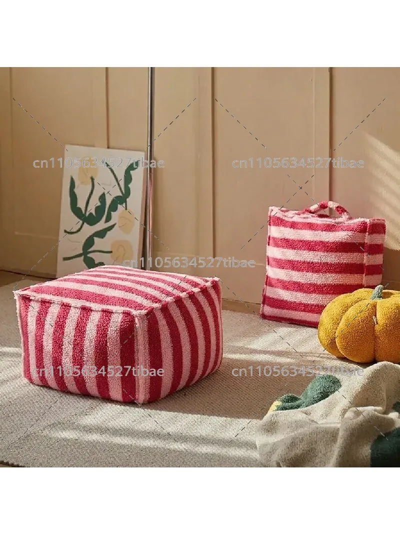 Fluffy Striped Floor Stool for Living Room Shoe Change Tatami Small Seat Cushion Home Furniture