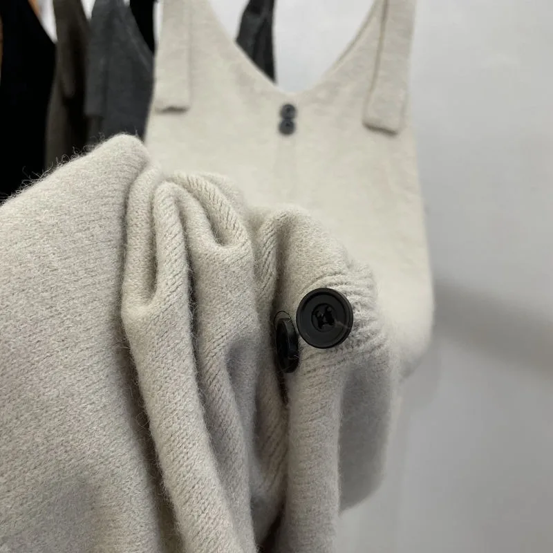 Vestidos femininos outono sem mangas de malha botão design sólido all-match camadas coreano elegante atraente minimalista diariamente