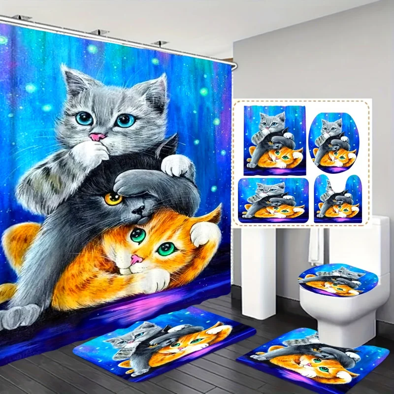 4pcs Cat Print Shower Curtain Set, Bathroom Rug, U-Shape Mat, Toilet Lid Pad, Waterproof Curtain With 12 Hooks, 70.8*70.8in/