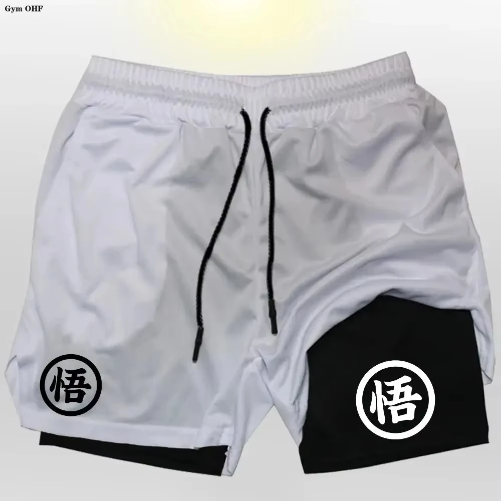 Anime Print Running Shorts Men Fitness Gym Training 2 in 1 Sports Shorts Quick Dry Workout Jogging Double Deck Shorts JW110