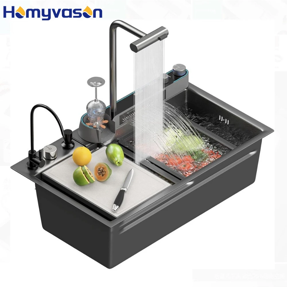 

Большая одинарная многофункциональная кухонная мойка из нержавеющей стали 304 с водопадным изливом, LED-дисплеем и защитой от царапин