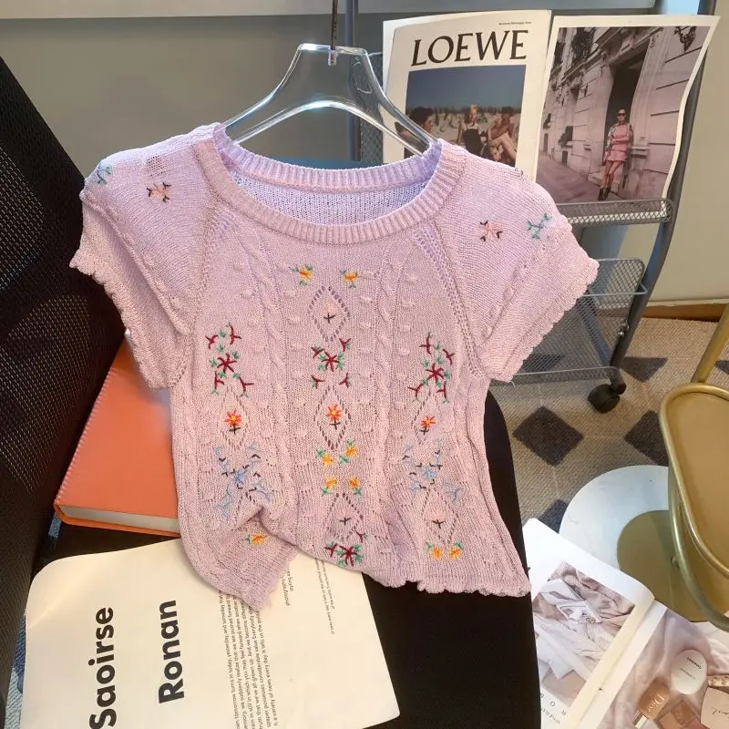 Summer New Knitted Hollow-out Sweet Fresh Korean Age-reducing Embroidery Pullover Short Thin Slimming Aesthetic Top