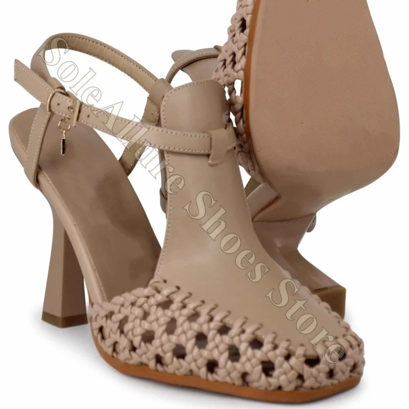 Roman Style Woven Leather Heeled Sandals Closed Toe T Strap Adjustable Buckle Back Strap Sexy Summer Lady High Heel Sandals