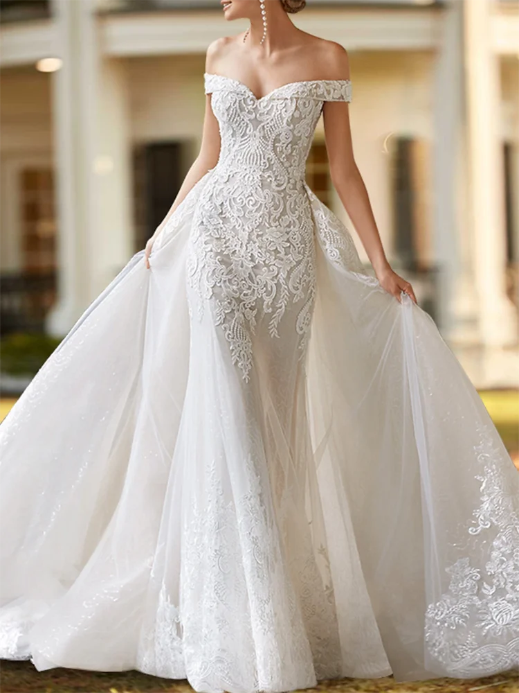 Elegante avorio in due pezzi senza maniche con spalle scoperte in raso con applicazioni di perline abiti da sposa donna festa di fidanzamento nuziale