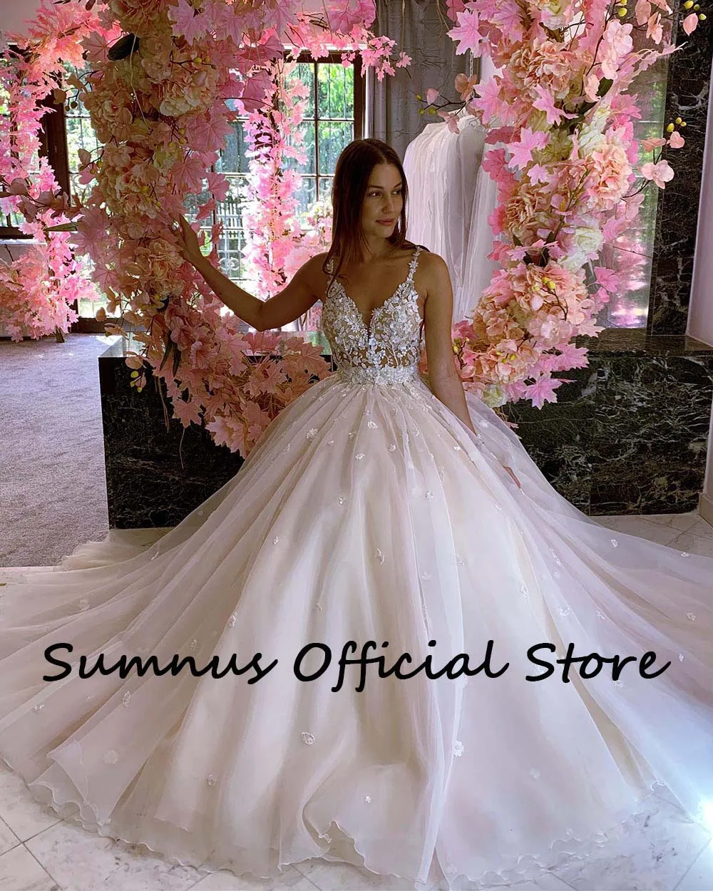 Boho vestidos de casamento apliques artesanais tule profundo decote em v cintas espaguete a linha vestido noiva sem costas vestidos de noiva até o chão