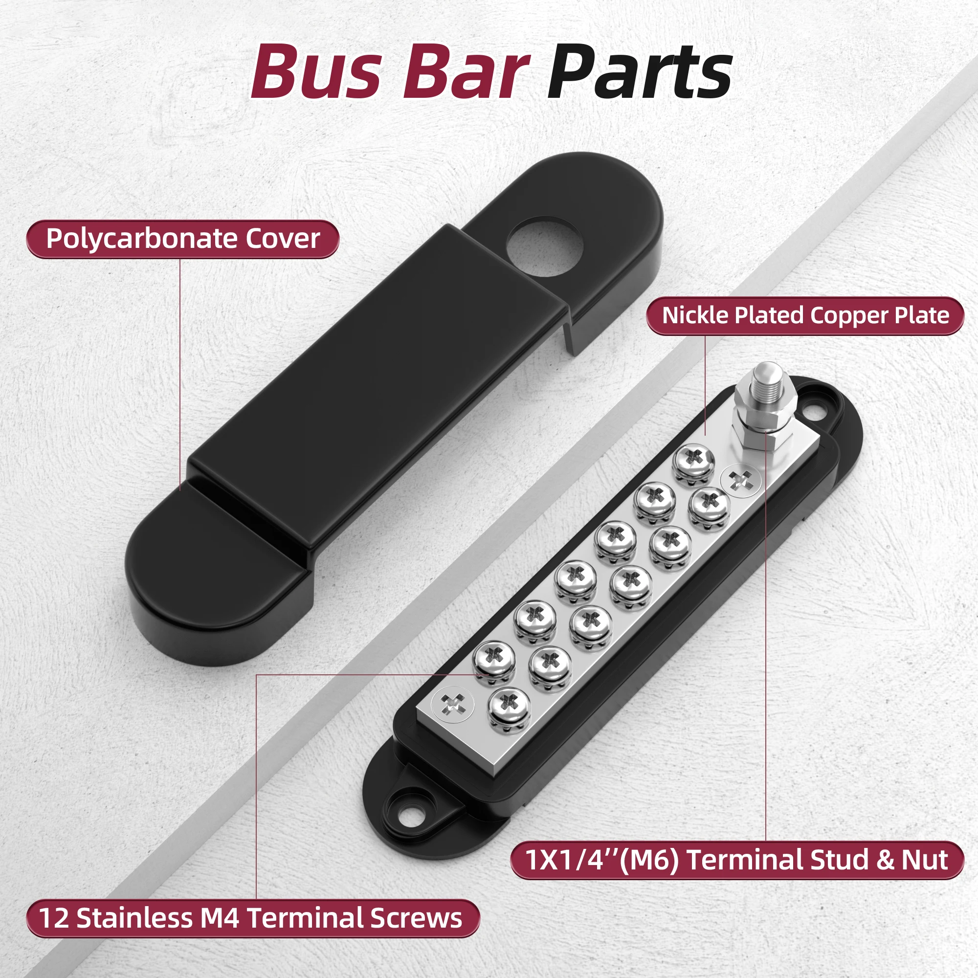 

Marine Bus Bar 12V 150A Power Distribution Block 1/4" Stud & 12 x #8 Terminal Screws 12 Volt DC Ground Battery Bus Bar for Boat