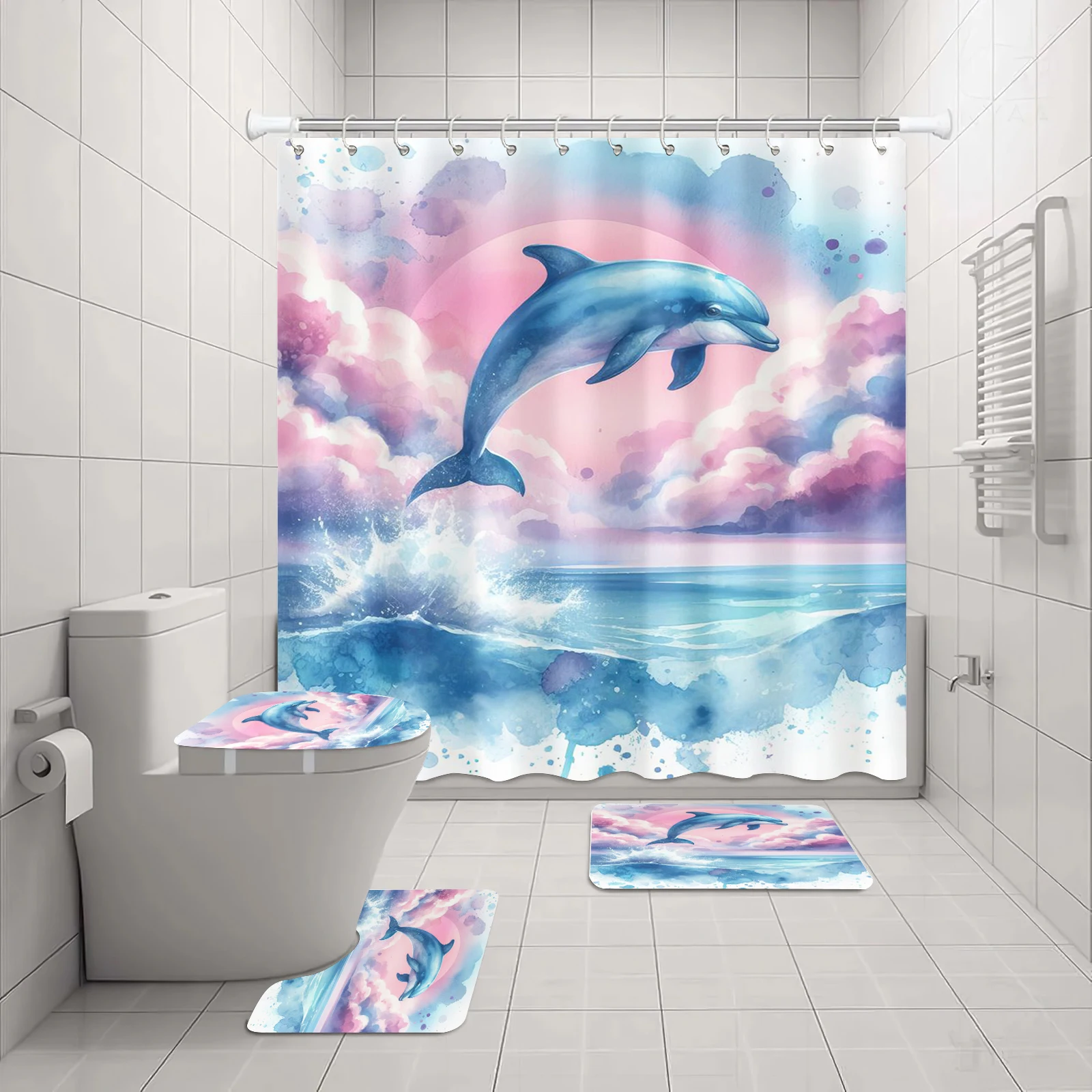 

Занавеска для душа с океанским дельфином, синяя пляжная занавеска для душа, набор полиэстеровых занавесок для душа, коврик для ванной комнаты, набор из 4 предметов