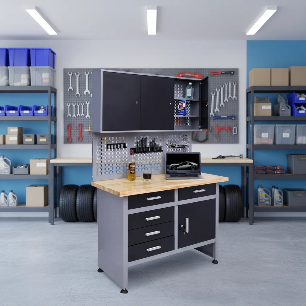 Stable Large Tool Cabinet Wooden Countertop Heavy Duty Metal Shop Storage 5 Drawers Keyed Lock 300kg Load Capacity